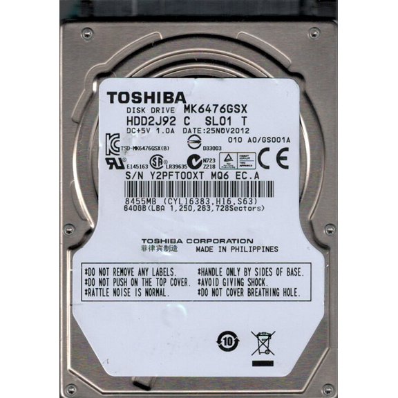 MK6476GSX HDD2J92 C SL01 T F/W: A0/GS001A Toshiba 640GB