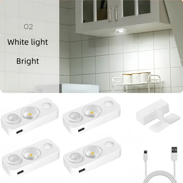 (Weiyi-EC)-4PCS LED Motion-sensing Bulb, Rechargeable Cabinet Light, Stick-on Wireless LED Night Light, Under Drawers, Shelves, And Cabinets, With USB Charging Cable, Equipped With Installation Tools