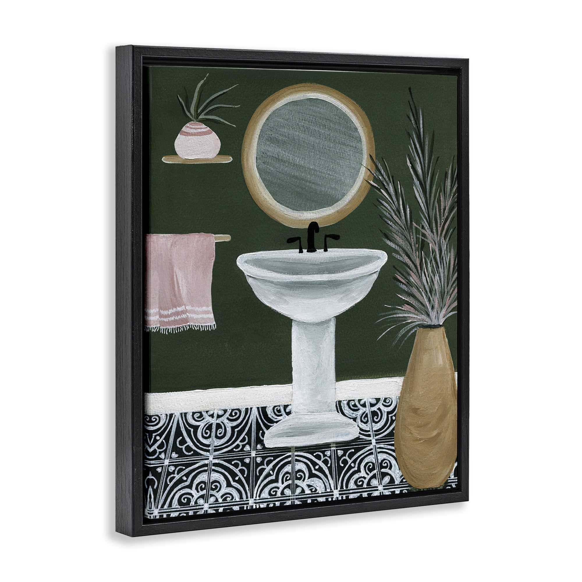 Stupell Industries Chic Green Bathroom Typography Painting Black Floater Framed Canvas Art Print Wall Art, 17 x 21