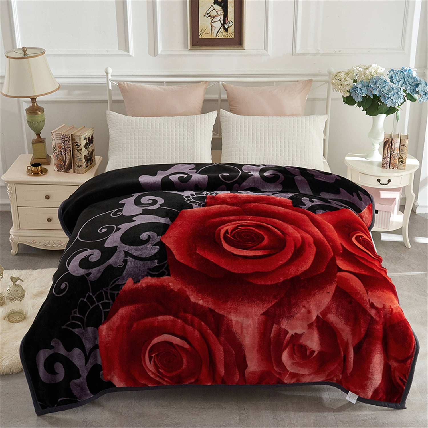 NC Thick Fleece Blanket - 2 Ply Reversible 520GSM Soft Plush Blanket Queen 75"x87",Black