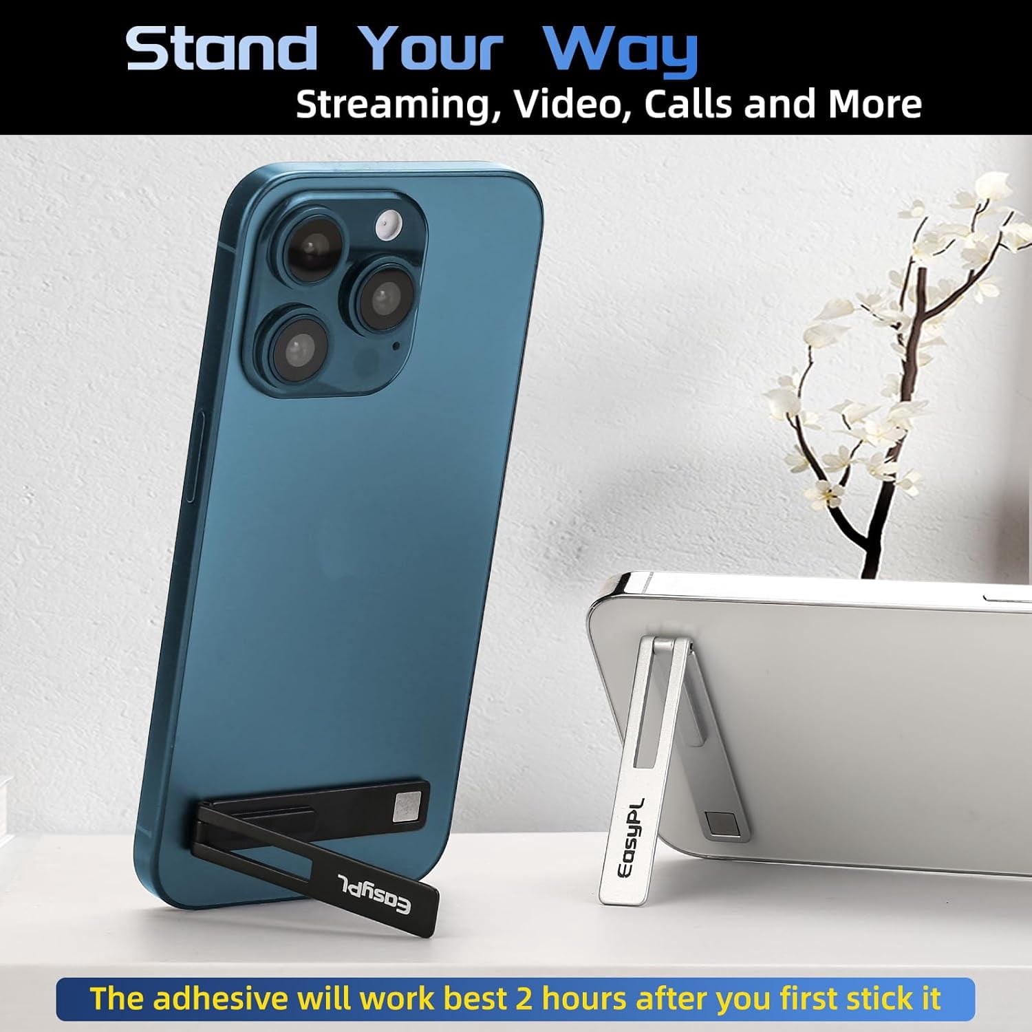 2 Pack Cell Phone Kickstand, Vertical and Horizontal Metal Phone Stand for Desk, Black + Silver, Adjustable Angle, Phone Holder for iPhone 16/Plus/Pro/Pro Max, iPhone 15/14/13/12 Samsung Series