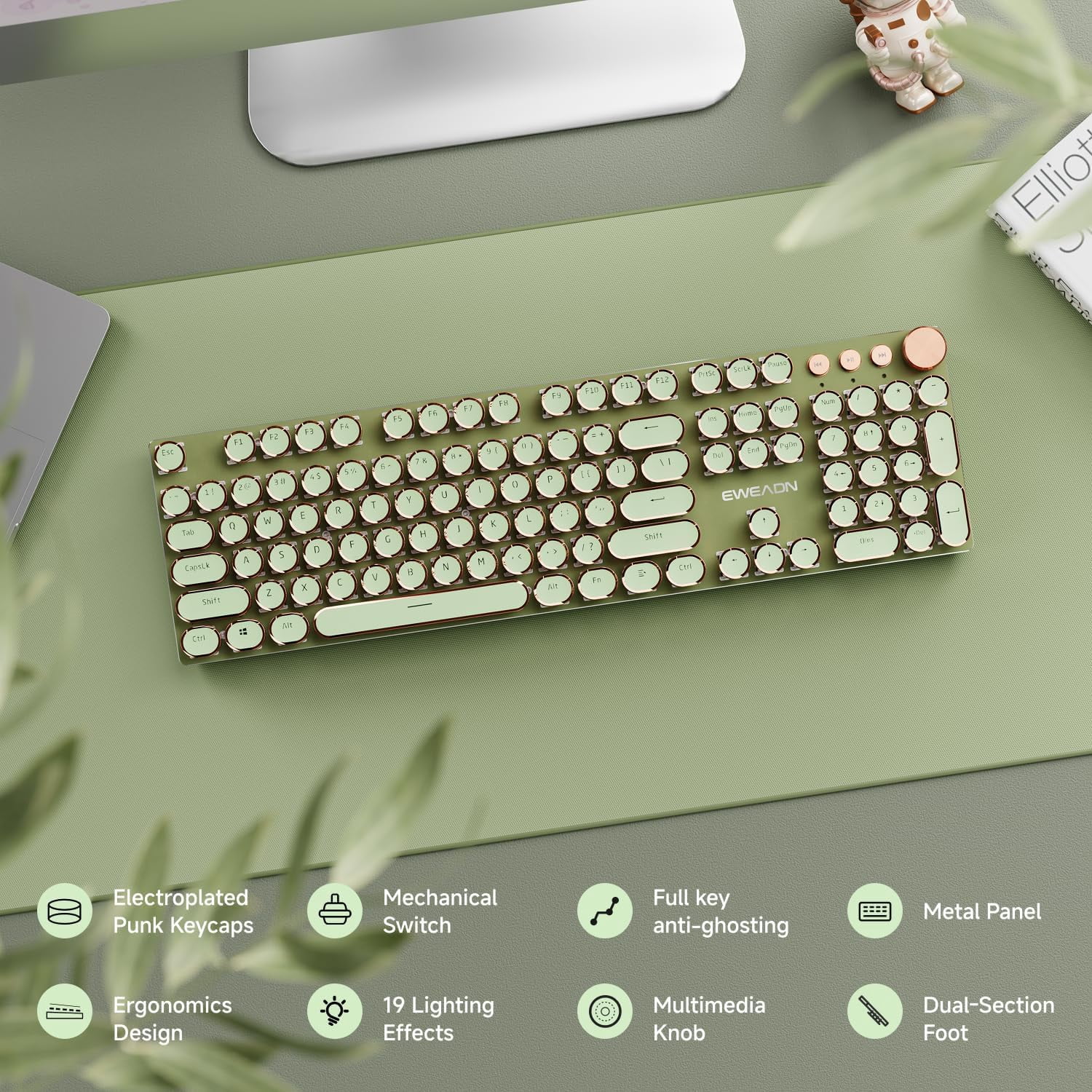 Typewriter Style Mechanical Gaming Keyboard, Wired Mechanical Keyboards,104 Keys Backlit LED Keyboards, Media Control Knob, Wired Computer Keyboard Pink Switch for Windows/Mac/PC-Purple