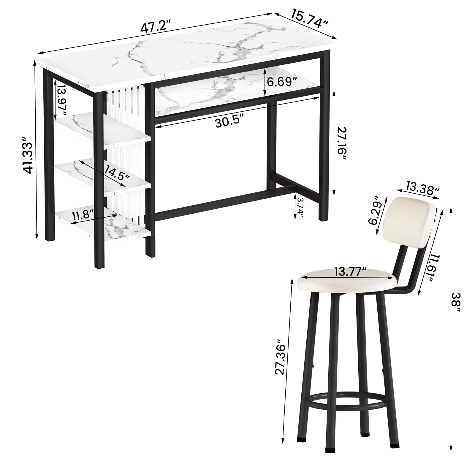 Lamerge Bar Dining Table Set for 2, 3 Piece Bar Table and Chairs Set, Kitchen Counter Height Dining Table Set, Small Kitchen Bar Table with Storage, Breakfast Nook Set for Small Space, White+Black