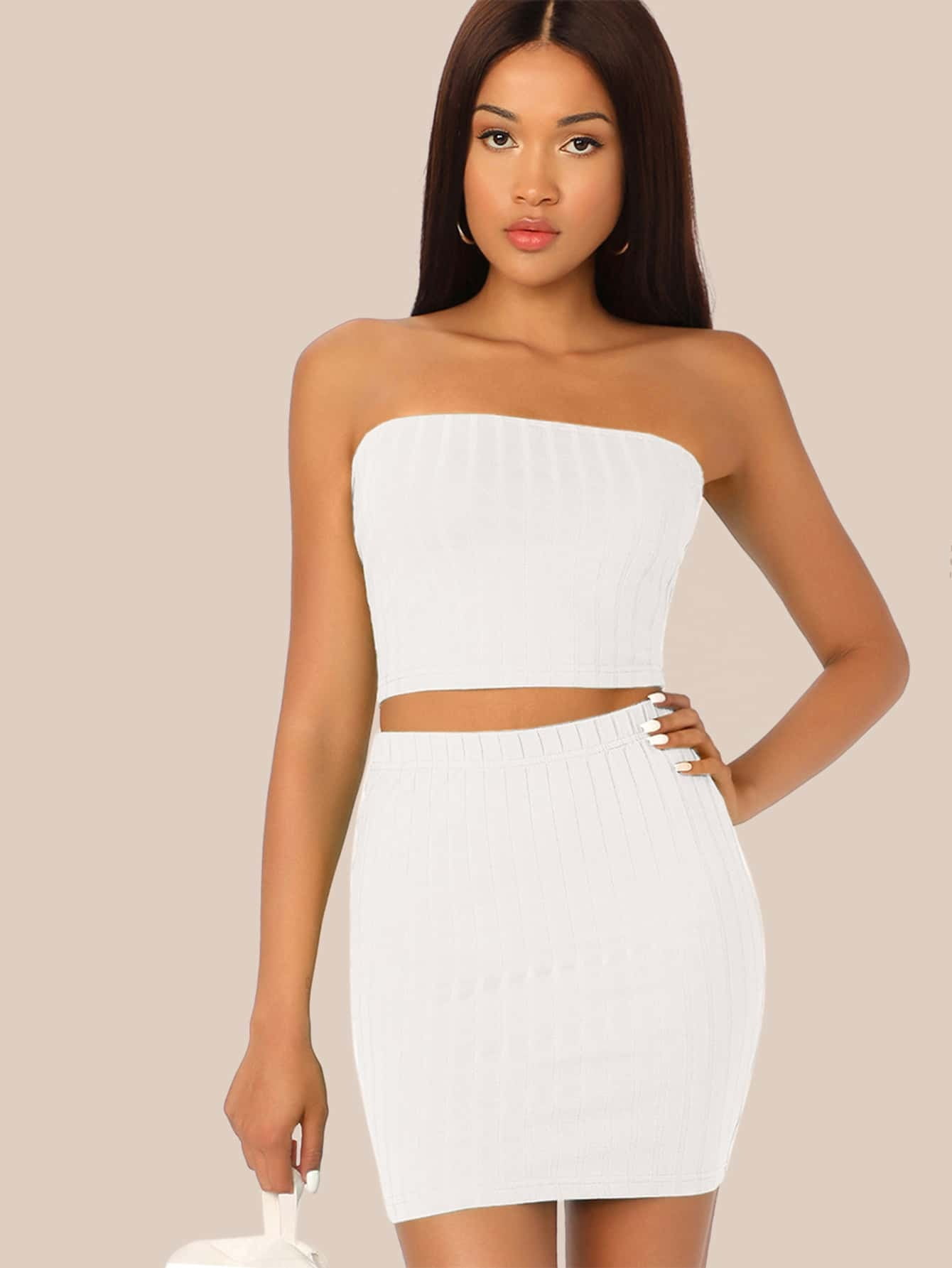 White Women's Solid Rib knit Tube Top 