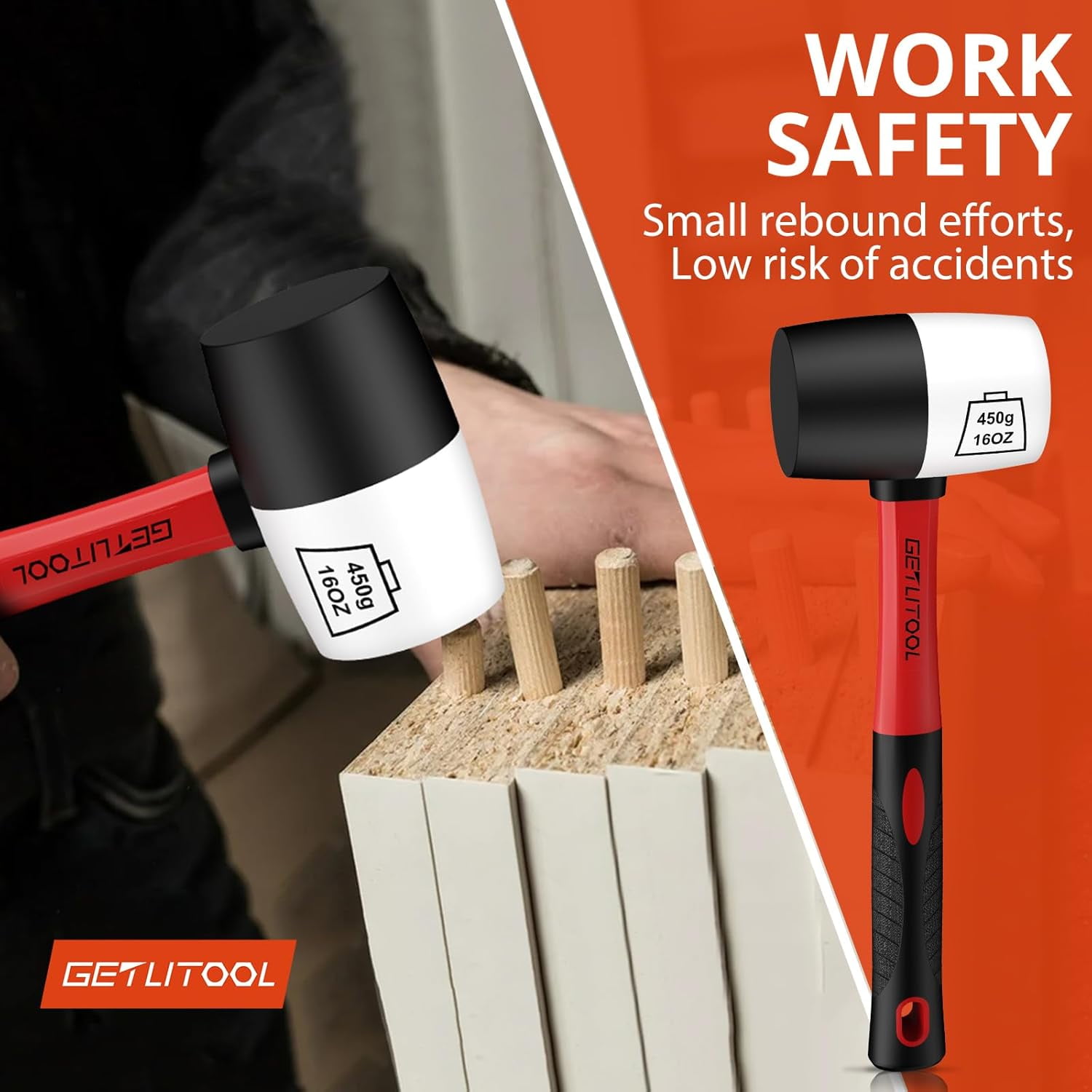 GETLITOOL Rubber Mallet Black/White 16oz, Non-Marking Rubber Mallet Hammer ⌀=55mm with Two Sides, Rubber Hammer with Non-Slip Fiberglass Handle for Camping, Flooring/Tiles Install, Woodworking