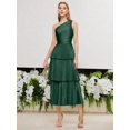 thumbnail image 3 of Dark Green One Shoulder Ruched Bodice Layered Pleated Maxi Dress, 3 of 30