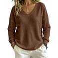 thumbnail image 2 of ClodeEU Women's V Neck Long Sleeve Waffle Tunic Top,Casual Loose Pullover Blouse Brown,Women's Plus S, 2 of 8