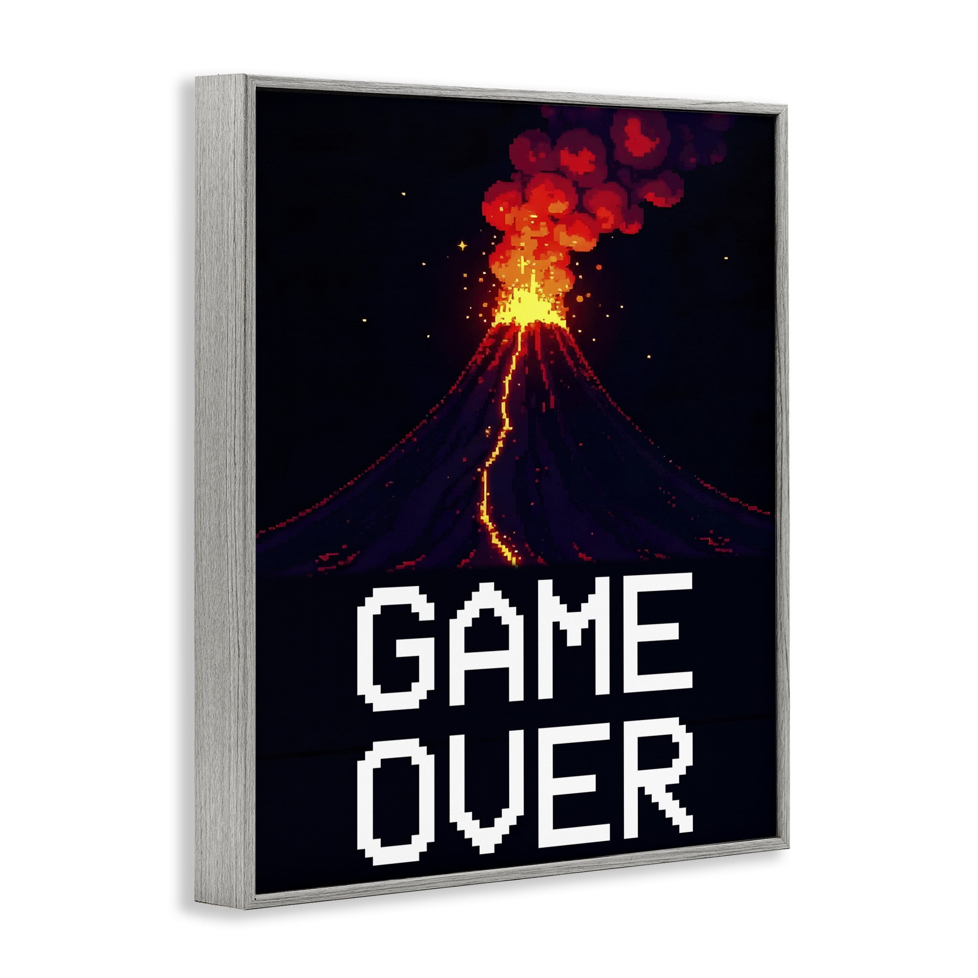 Pixel Volcano Game Over Gray Framed Giclee Art, design by Kim Allen