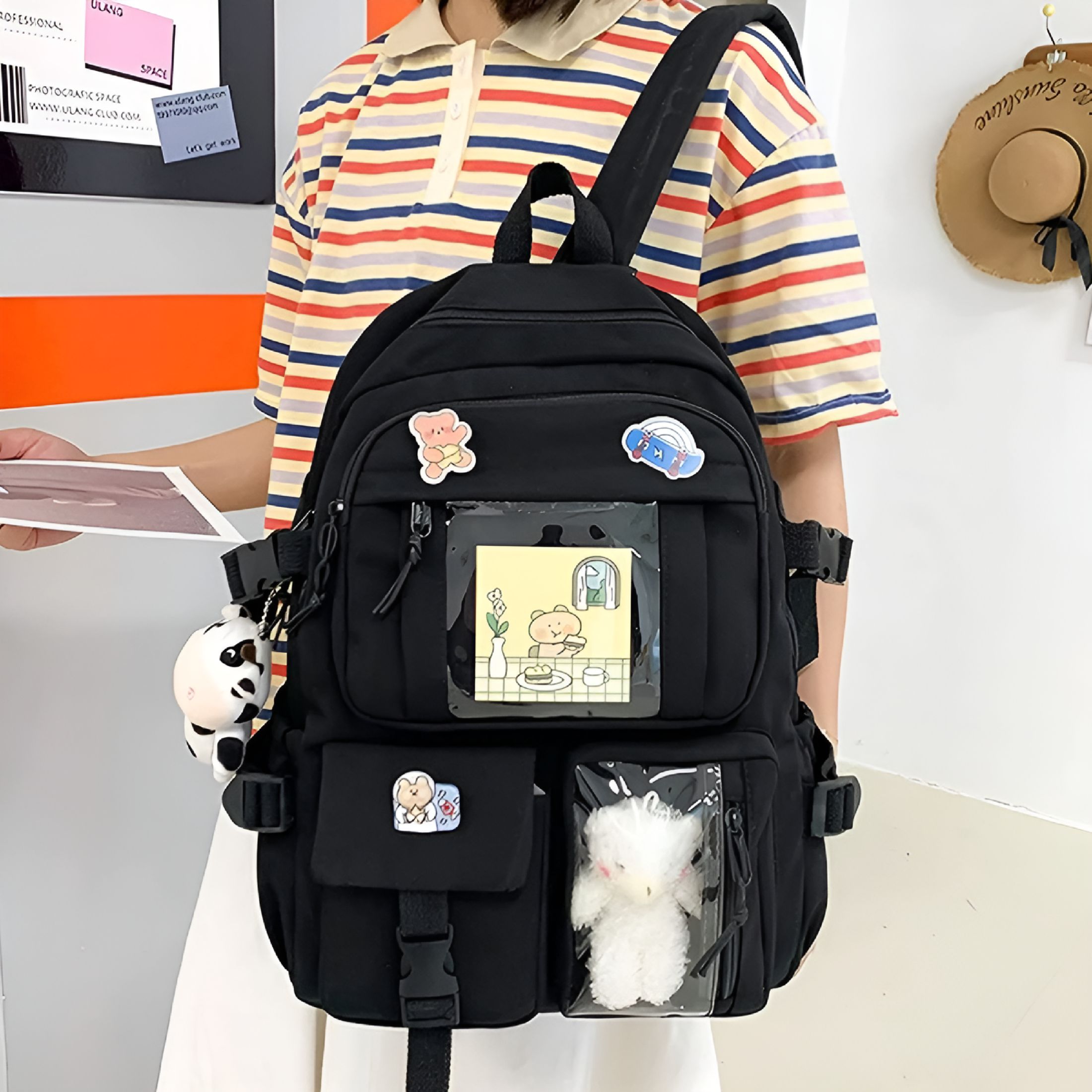 GASTROPOD 2026 New Kawaii Cute Bear Backpack with Cow Pendant & Pins - Back to School Supplies Student Animal Japanese Anime Bag Daypack for School, Travel, Outing, Casual Use