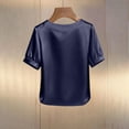 thumbnail image 4 of Endives Women's Short Sleeve T Shirt Beaded Round Neck Solid Color Fashion Elegant Satin T-shirt Summer Tops Dark Blue, 4 of 6