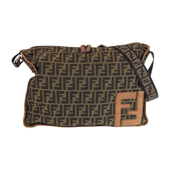 Pre-Owned FENDI Zucca Brown/Dark Brown Nylon Leather Shoulder Bag Messenger for Women (7VA148)