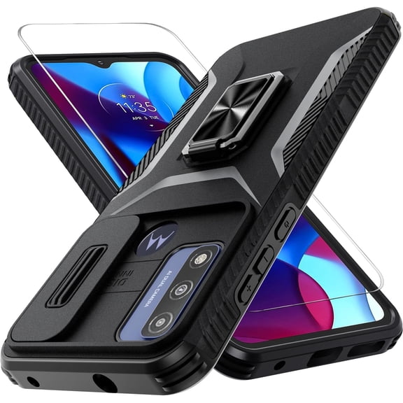 Motorola Moto G Play 2023 Case,Moto G Power 2022/Moto G Pure Case with Tempered Glass Screen Protector and Camera Lens Cover, Ring Stable Kickstand,Heavy Duty Phone Cover-Black