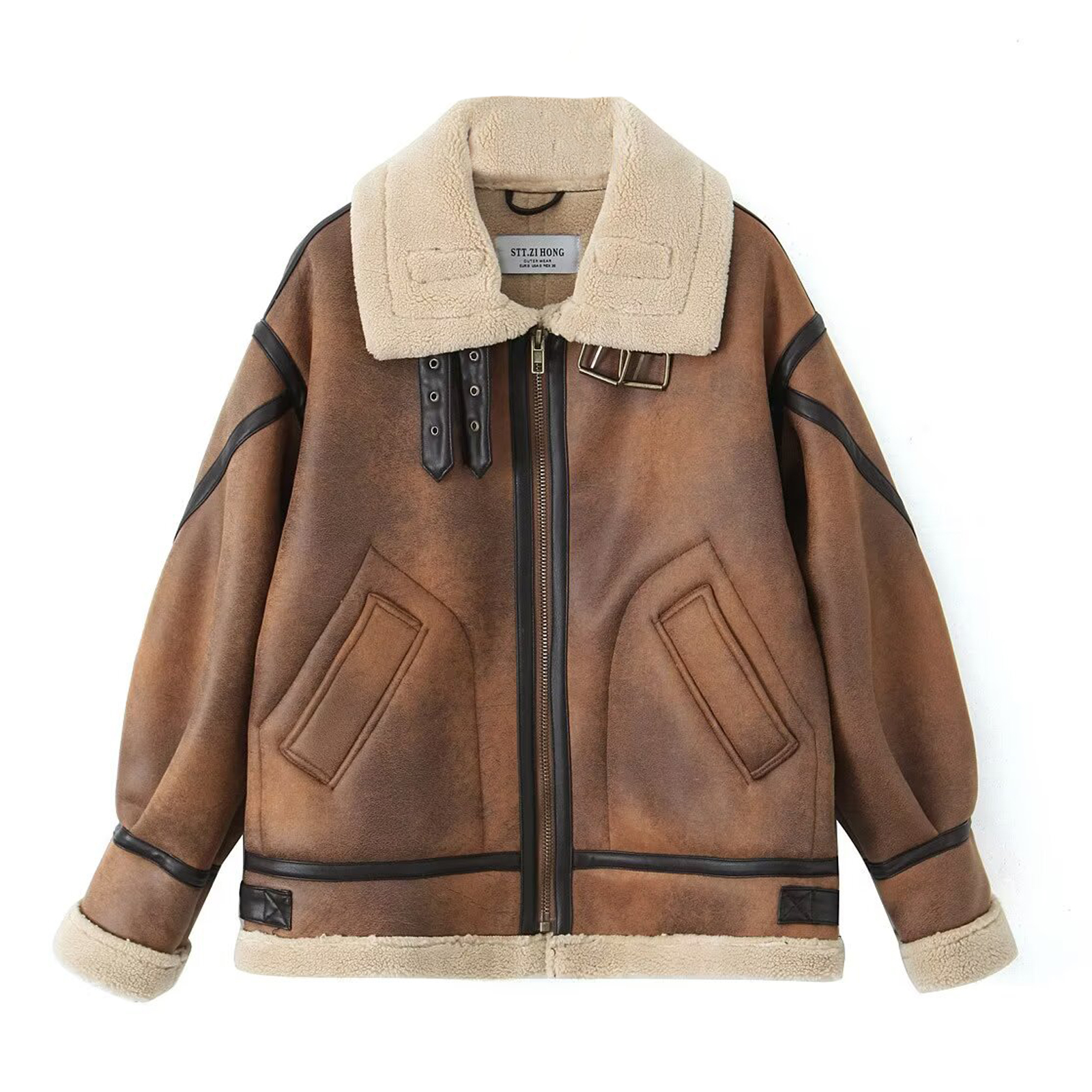 NANAIQ Leather Jackets For Women Women's Bomber Jacket Womens Fall Clothes Zip Up Faux Leather Coat Fur-Collar Warm for Winter Christmas, Camel, L