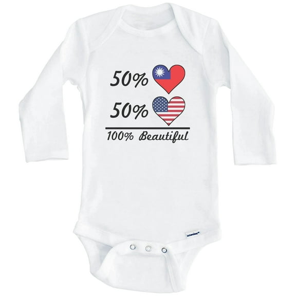 50% Taiwanese 50% American 100% Beautiful Taiwan Flag Heart One Piece Baby Bodysuit (Long Sleeve), 0-3 Months White