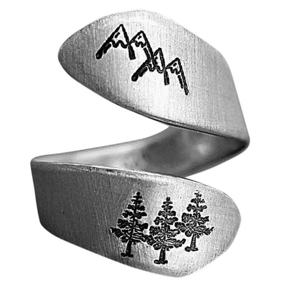 Baohd Adjustable Open Ring Alloy Electroplating Art Ring Gift for Women and Girls Mountain Peak Pine Tree Carved Ring No.2