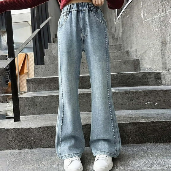 HAOTAGS Mid Waist Jeans for Teens Cute Flared Leg Trousers Straight with Pockets Girls Streetwear Light Blue 7 Years