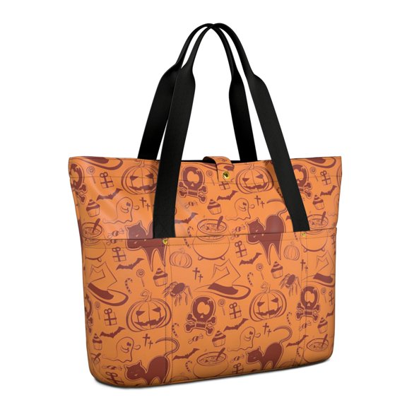 Tote Bag for Women - Halloween Spooky Icons Pattern Shoulder Bag - Large Utility Work Duffle Bag with Zipper Handbag for Travel, Work, Sprots