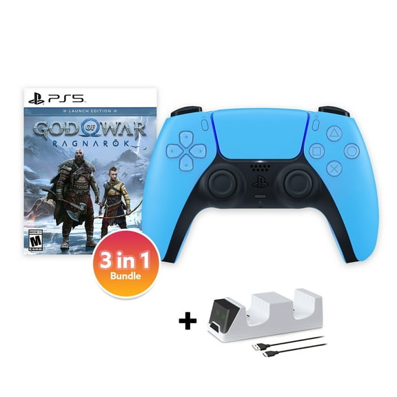 PlayStation 5 DualSense Controller Starlight Blue with God of War Ragnarok and Mytrix Dual Controller Charger - 3 in 1 Bundle for PS5