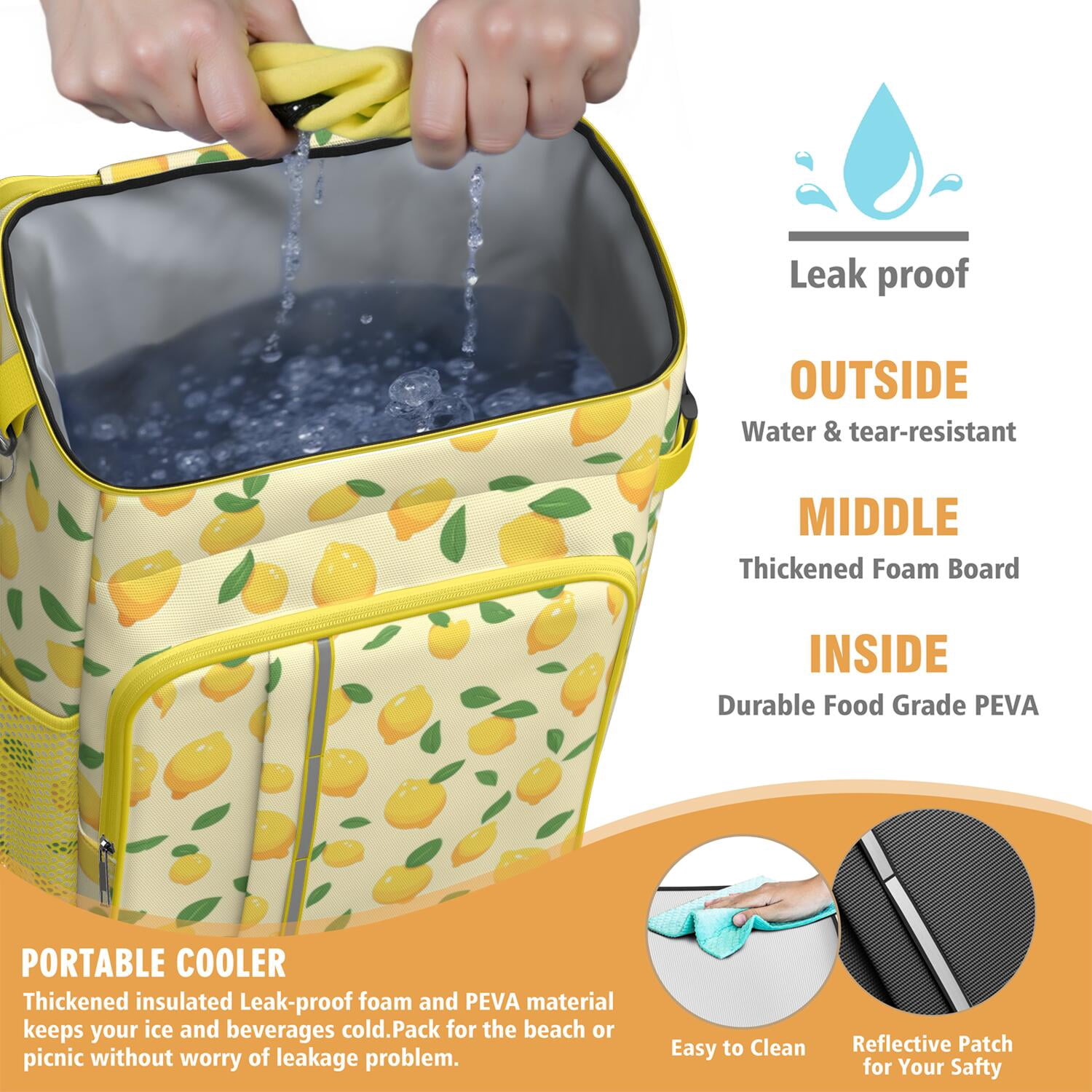 Travel Cooler Bag - Lemon Camping Beer Cooler Backpack with Bottle Opener- Waterproof Insulated Picnic Backpacks - Cooler Bag for Beach