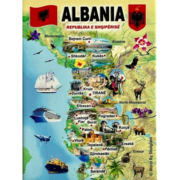 Albania Graphic Map and Attractions Souvenir Fridge Magnet 2.5" X 3.5"