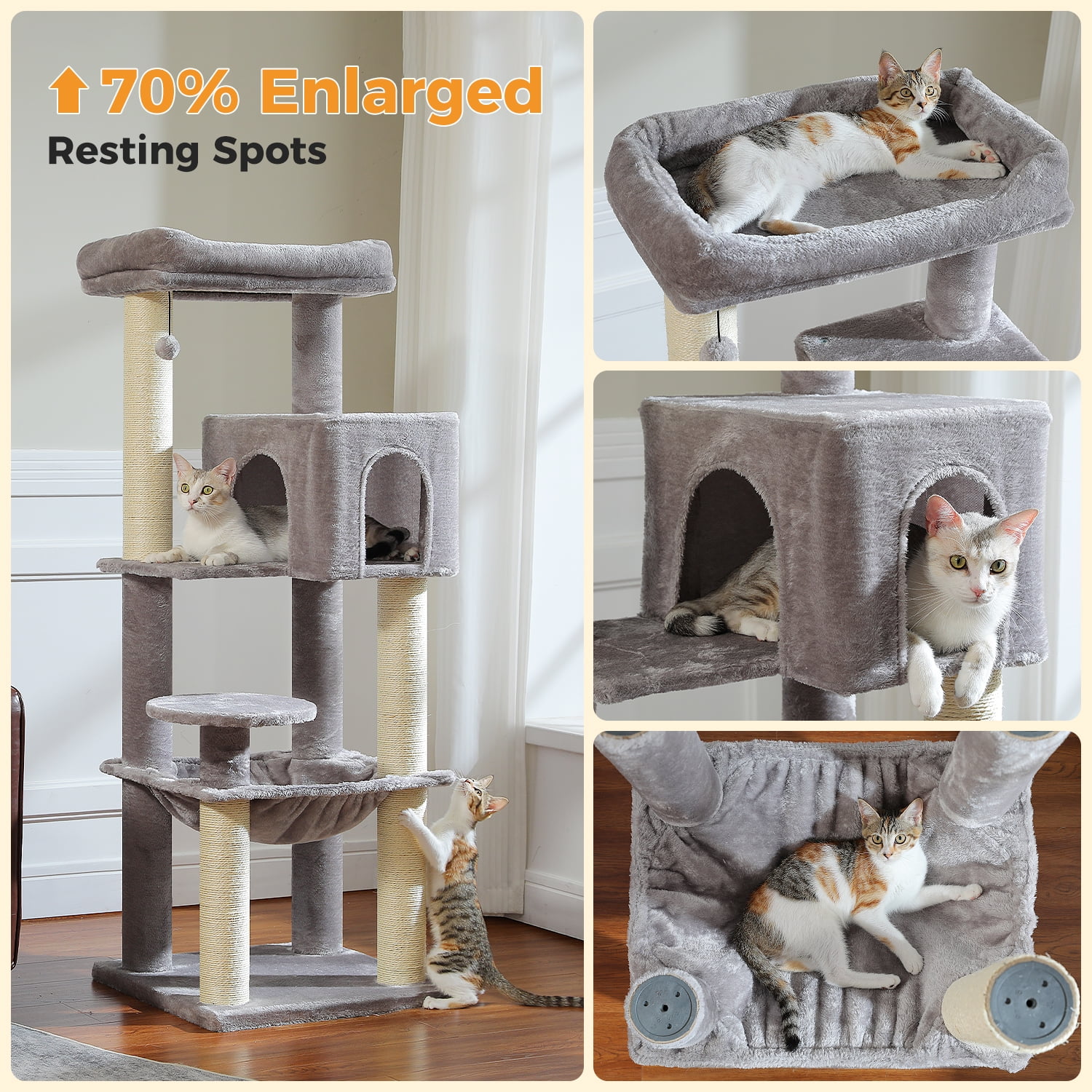 Pefilos 57" Cat Tree Tower for Indoor Cats, 5-Level Cat Condo with Large Hammock, Big Top Perch and 4 Sisal Covered Scratching Pos, Gray