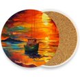 thumbnail image 2 of Sunset Oil Painting Coaster, Drinks Round Absorbent Stone Set with Ceramic Stone and Cork Base, Tabletop Protection Mats and Cups Place for 2PCS Home Decor, 2 of 6
