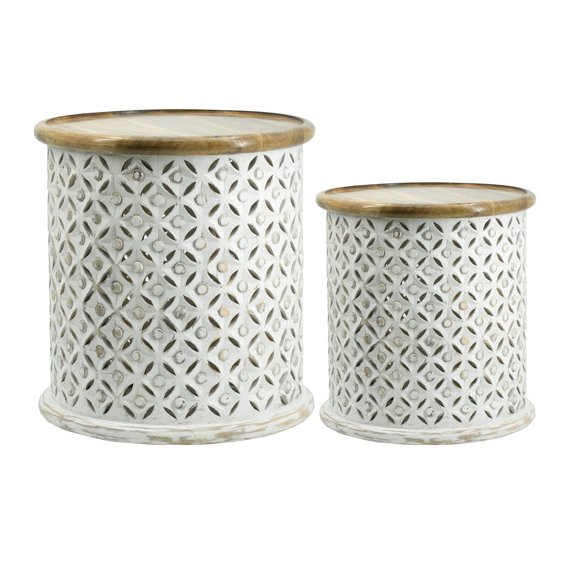 18, 16 Inch Accent Tables, Round, Mango Wood, Floral Cut Out, Brown, White, Saltoro Sherpi