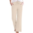 thumbnail image 2 of Cotton Linen Casual Trousers for Women Elastic High Waist Drawstring Loose Breathable Lounge Pants with Pockets (XL, Beige), 2 of 8
