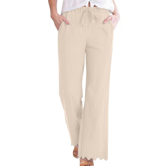 Linen Pants Women Sevevn Women's High Waist Drawstring Wide Leg Pants Lightweight Scalloped Hem Casual Trousers with Pockets Beige XL
