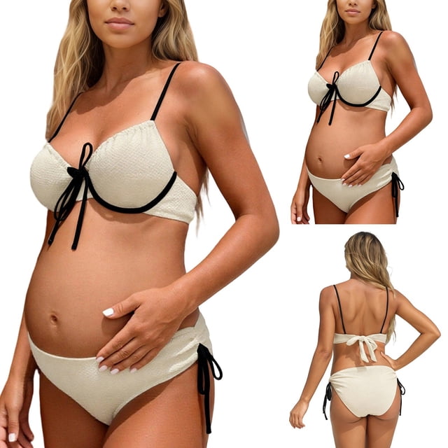 Gyexs Maternity Bikini Sets Color Block Two Piece Swimsuit V Neck Bathing Suit Swimwear #04 Beige, Size L