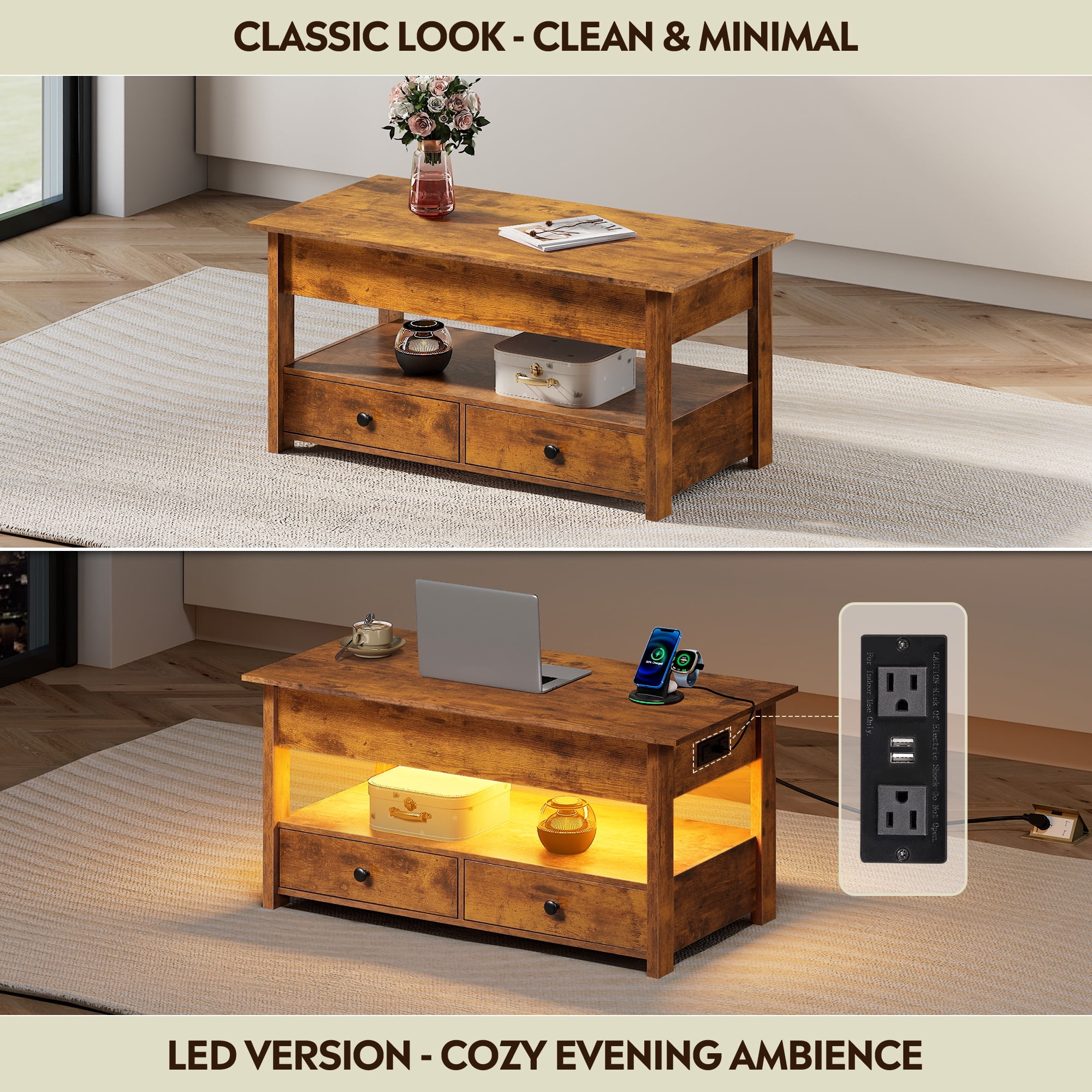 GALAXHERO Lift Top Coffee Table for Living Room Table with 2 Drawers & LED Light & Large Storage and Open Shelf Rustic Brown