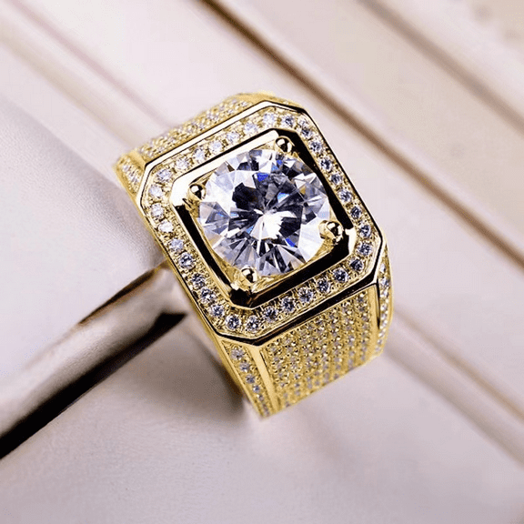 New Full Diamond Shining Men's Ring Large Naked Diamond Set with Zircon Imitation Mosang Diamond Engagement Wedding Ring