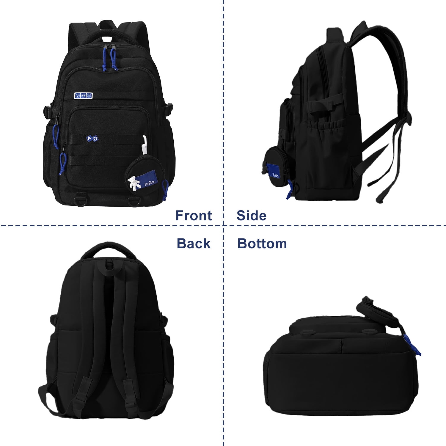 DAKIMOE Large School Backpack for Girls Boys Lightweight Spacious Kids Bookbag with Multiple Pockets for Middle School College, Black