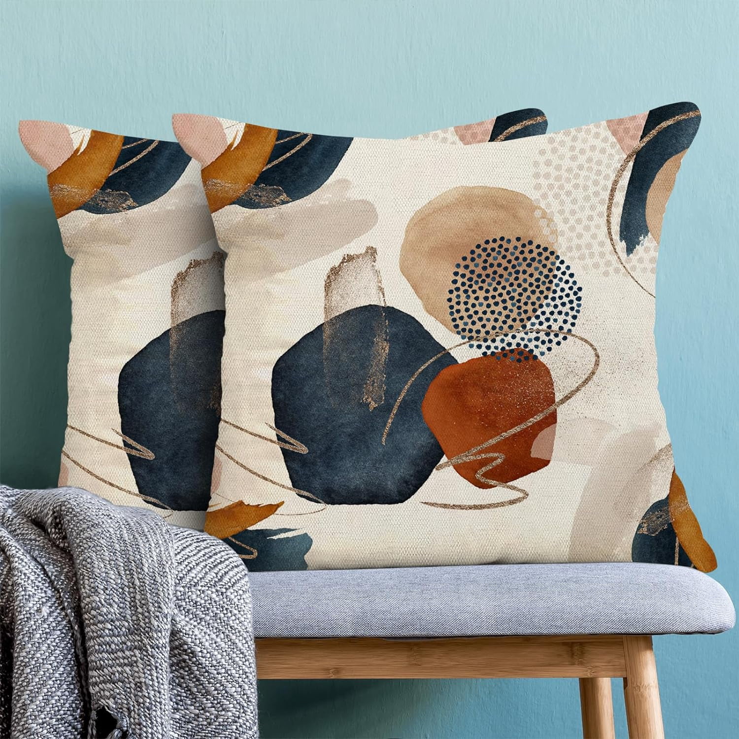 Mid Century Boho Pillow Covers 18x18 Set of 2, Abstract Navy Blue Burnt Orange Outdoor Throw Pillow Covers Geometric Minimalist Decor Cushion Case for Couch Sofa Home