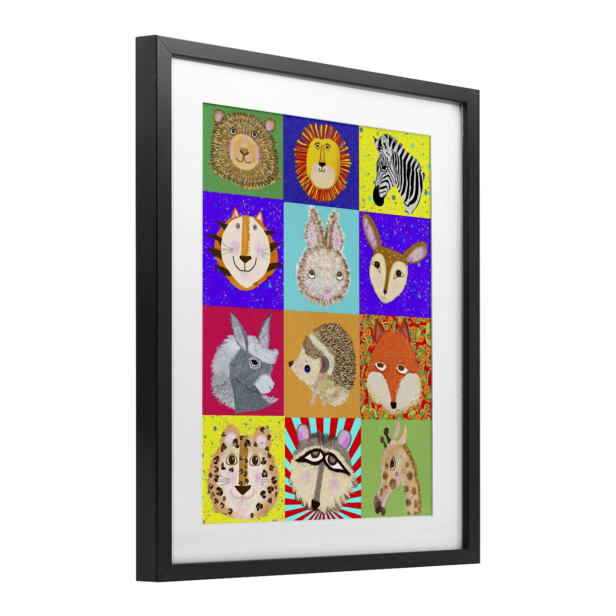 Furry Faces Animals Black Framed Print Under Glass, design by Lynnda Rakos