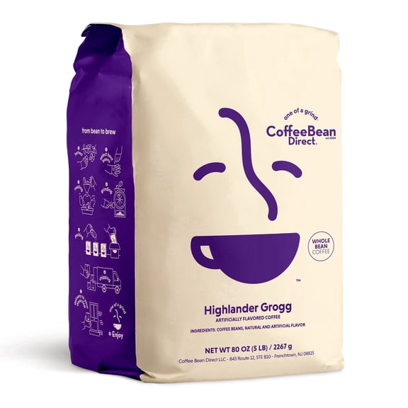 Coffee Bean Direct Highlander Grogg Flavored, Whole Bean Coffee, Light Roast, 5 lb Bag