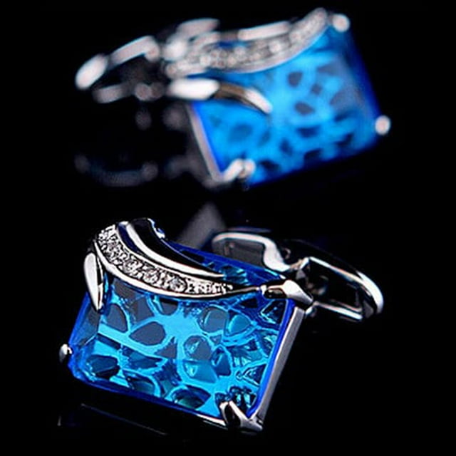 Gold + Light Blue Mens Stainless Steel Squares Cufflinks for Shirt with Box - Hand Crafted Perfect