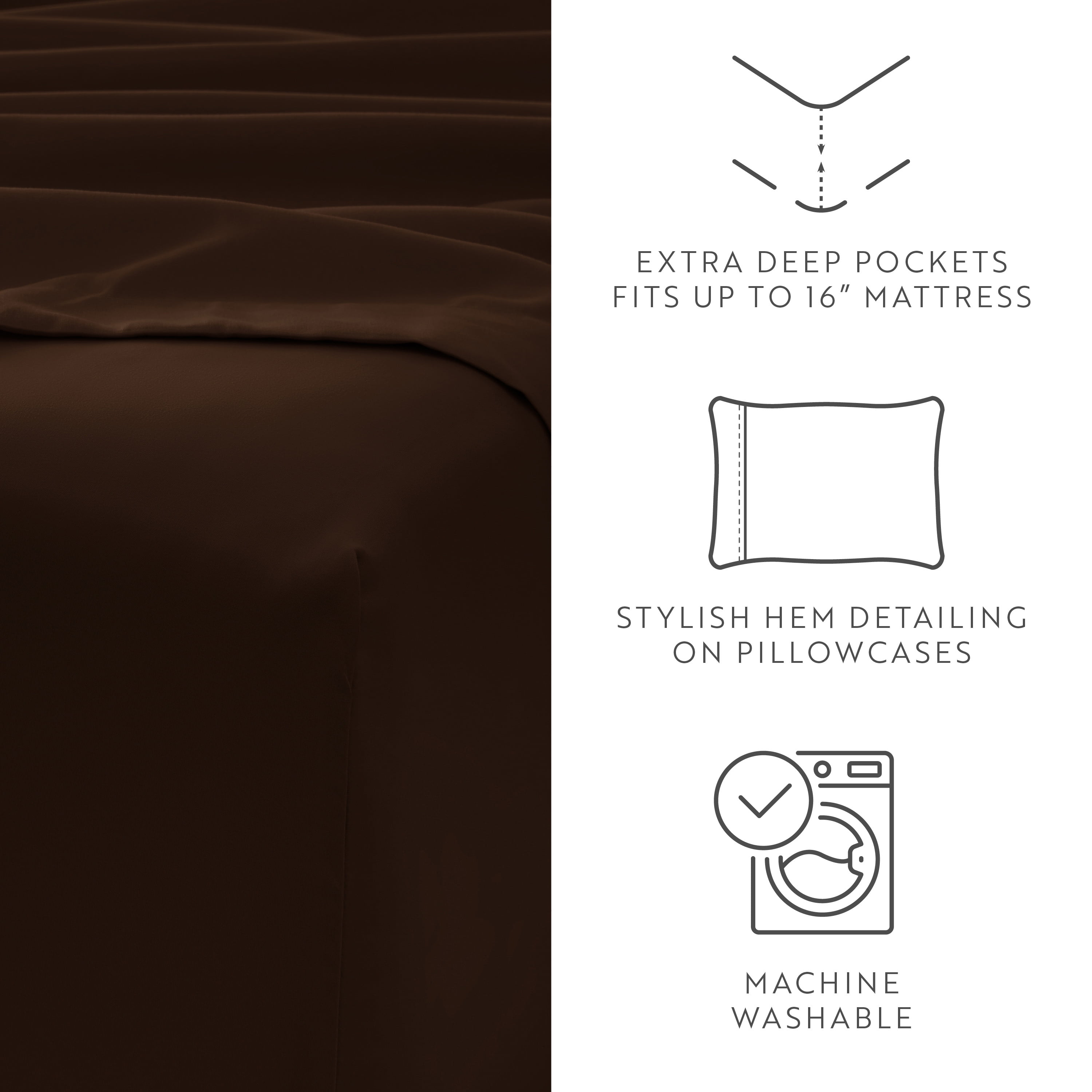 King, Chocolate Solid Microfiber 6 Piece Bed Sheet Set, by Noble Linens