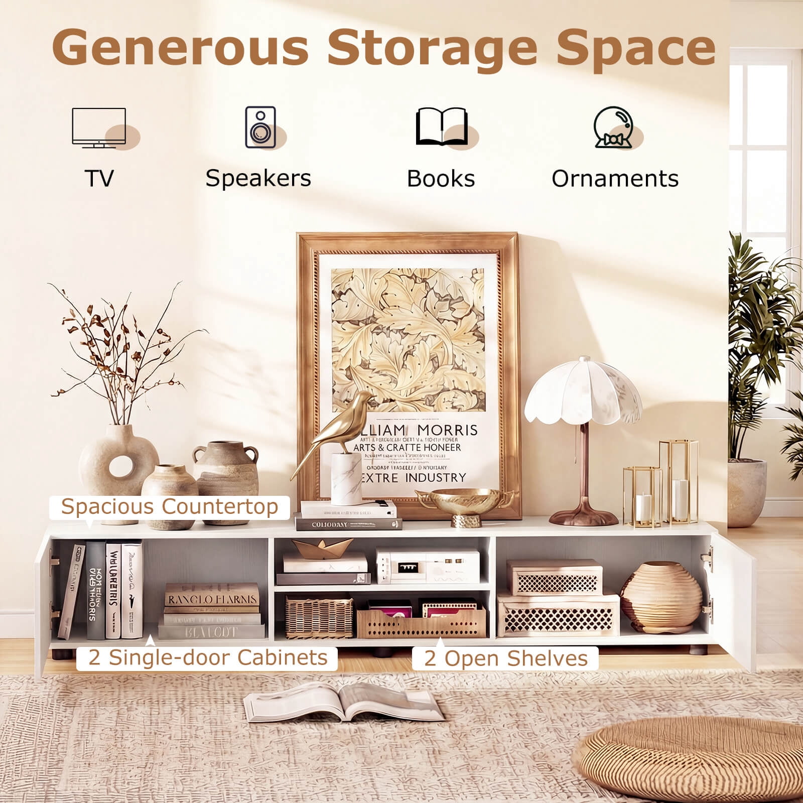 Costway TV Stand for up to 70” TVs, Media Console Table with Double Doors & Open Shelves White
