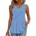 thumbnail image 5 of Iaqnaocc Womens Tank Tops V Neck Pleated Casual Loose Baby Doll Top Beach Vacation Summer Solid Tunic Shirts Sleeveless Flowy Hem Tank Tops Blue L, 5 of 5