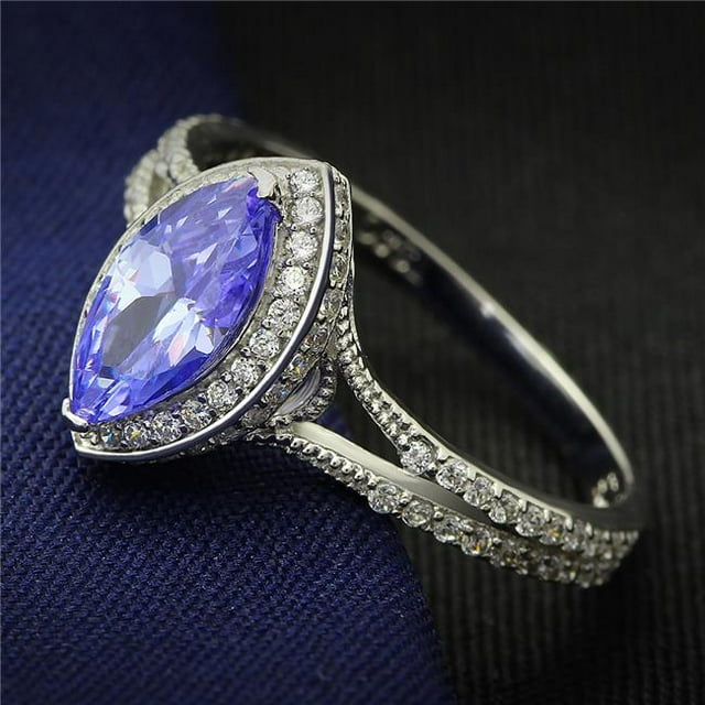 Women Rhodium 925 Sterling Silver Ring with AAA Grade CZ in Tanzanite - Size 6