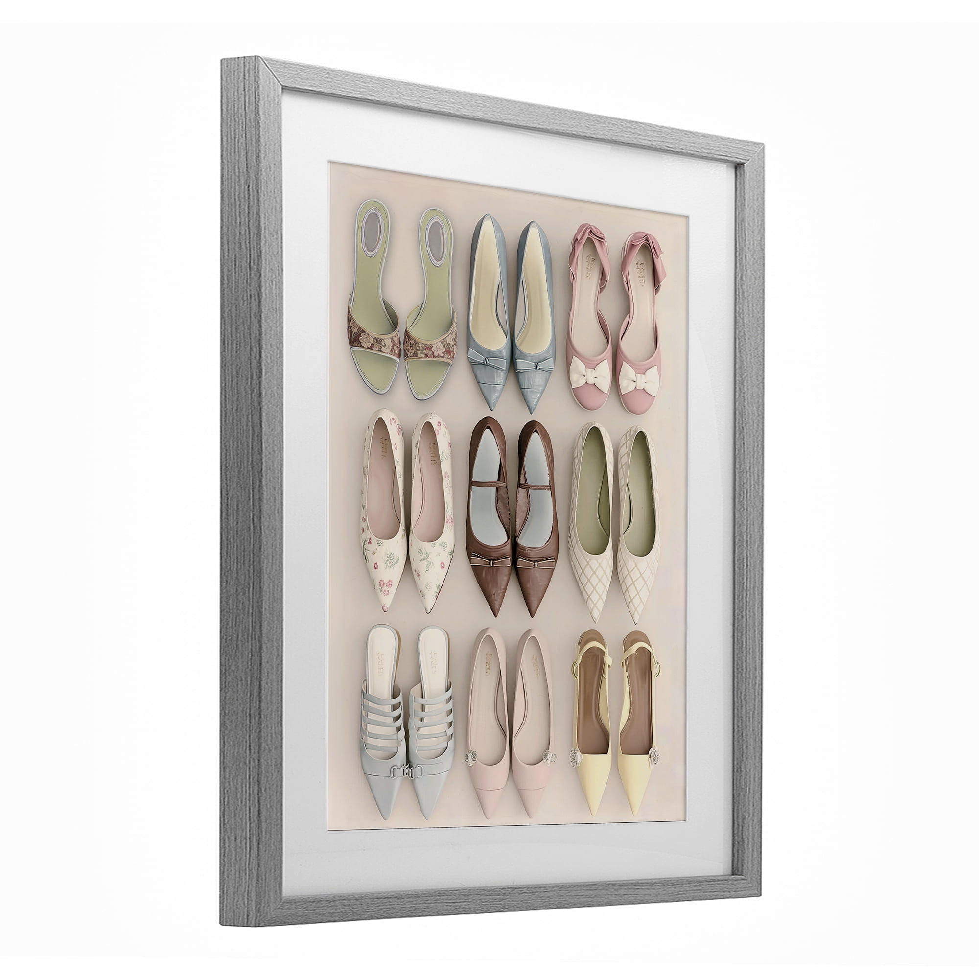 Beatrice's Closet Shoes Gray Framed Print Under Glass, design by Annabelle Hall
