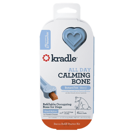 Kradle 6" All Day Calming Bone for Dogs, refillable occupying bone for Small and Medium dogs, Power Chew Starter Kit, Bacon Flavor, with 4 Refills