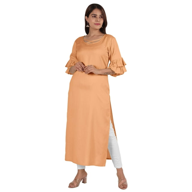 Moomaya Kurta en Rayonne Uni pour Femmes à Manches Évasées, Col à Cordon, Kurti Ethnique Long