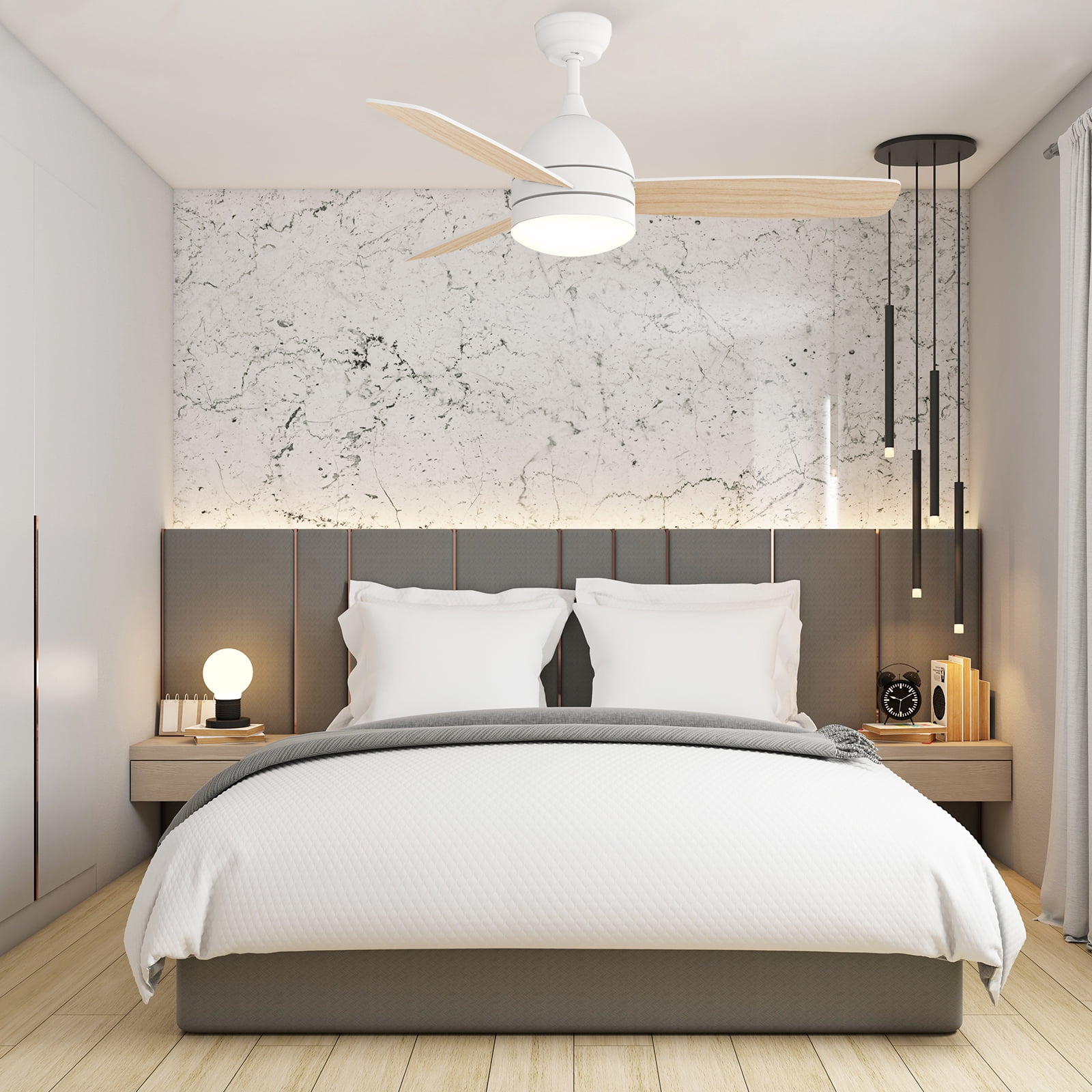 Warmiplanet 48" 3-Blade Matte White Ceiling Fan - 3 Speeds, Dimmable Brightness, Remote Control