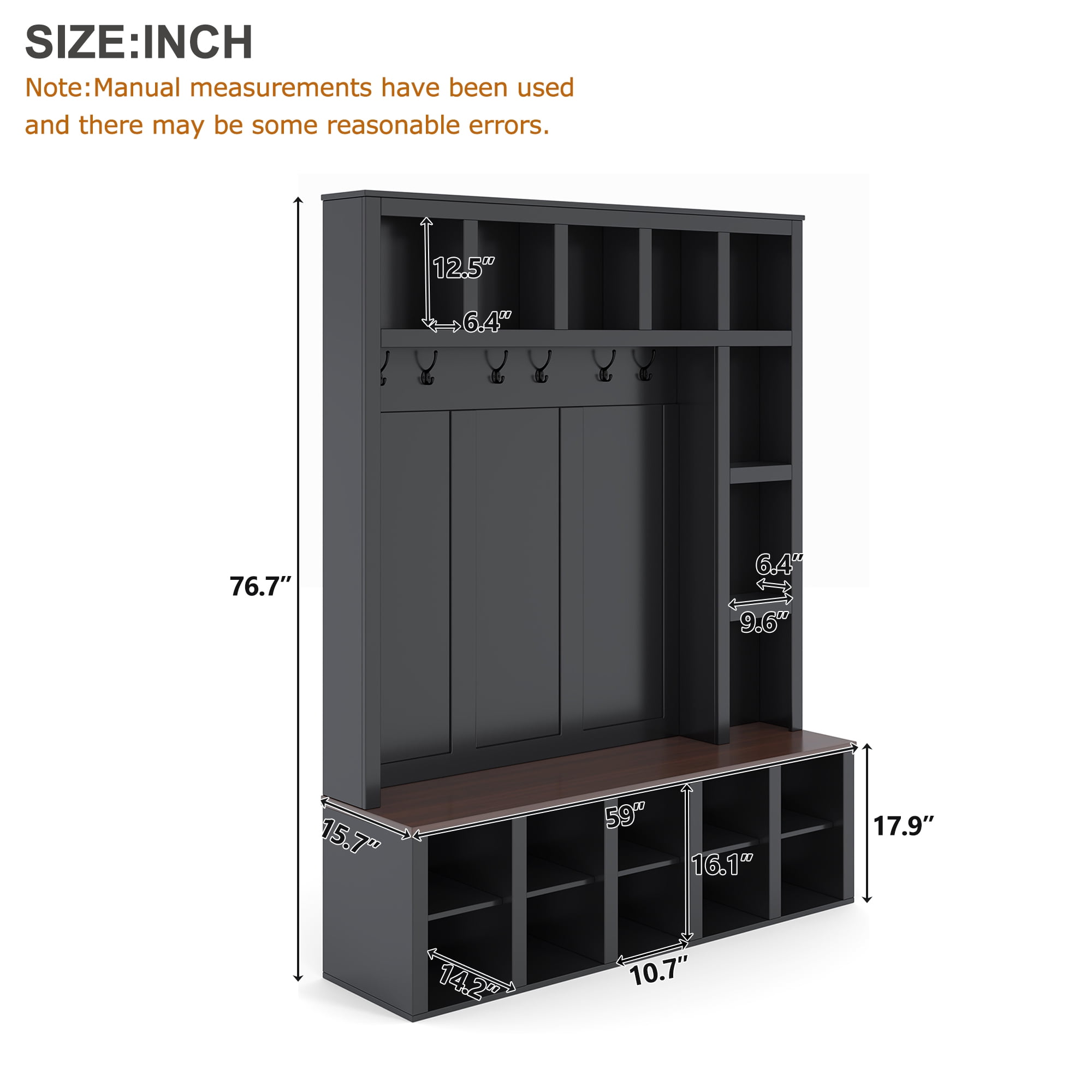 Mintazer 76.7"H Entryway Hall Tree with Bench & 13 Open Storage Compartments, 4-in-1 Entryway Organizer with Adjustable Shoe Shelves & 6 Hooks for Mudroom Hallway, Black