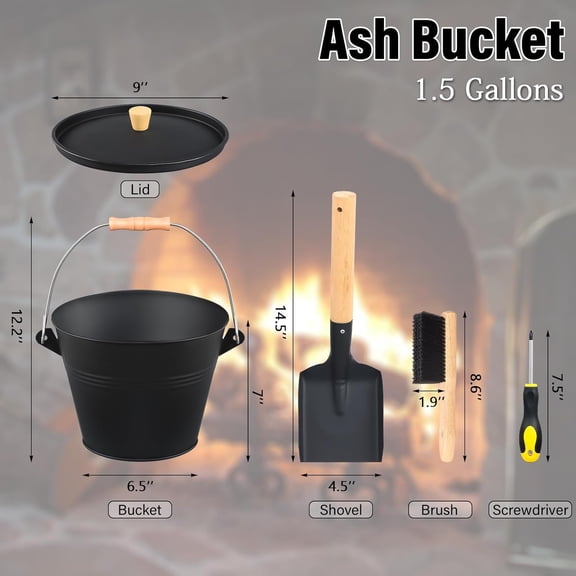 Mini Ash Bucket with Lid, Shovel, Broom & Screwdriver, 1.5 Gallon Metal Fireplace Tool Set, Black