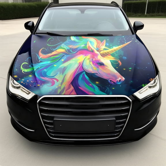 59.05"x39.37" Large Unicorn Car Hood Decal - Self-Adhesive Waterproof Vinyl Sticker with Rainbow Mane, Tail & Horn, Glossy UV-Resistant Auto Wrap for Cars, Trucks, SUVs - Easy Peel & Stick Applicatio