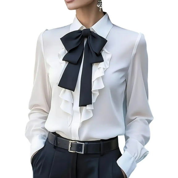 Women B-Ow Tie Neck Blouse Elegant Loose Button Down Ruffle Trim Shirts Long Sleeve Lapel Collar Tops White XL