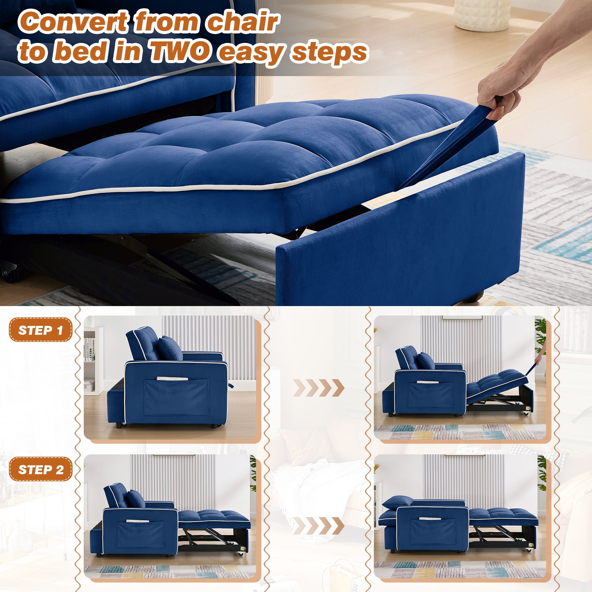 Dinosisco 3-in-1 Convertible Chair Bed, Sleeper Chair Lounge Chair Indoor, Modern Single Pull Out Couch for Living Room, Cobalt Blue Velvet